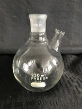 CORNING PYREX Glass 250mL 19/22 Round Bottom Flask w/ 10mm ID Side Port
