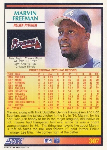 #307 ATLANTA BRAVES # MARVIN FREEMAN # BASEBALL CARD SCORE NFL '92 - Photo 2/2