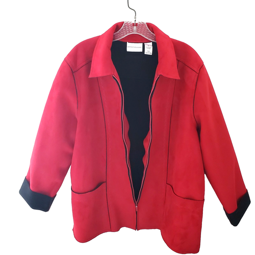 alfred dunner Jacket Boxy Zip Red Faux Suede Black Contrast Trim Pockets Size 16 - Picture 5 of 9