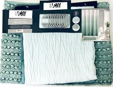 VCNY Home 14 Piece Crushed Ombre Aquifer Shower Set Curtain Hooks & Bath Rug