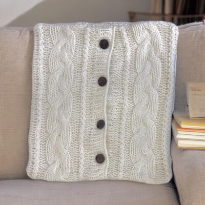 Soft Surroundings Cable Knit Throw Pillow Cover Ivory Buttons Cozy Wool Blend