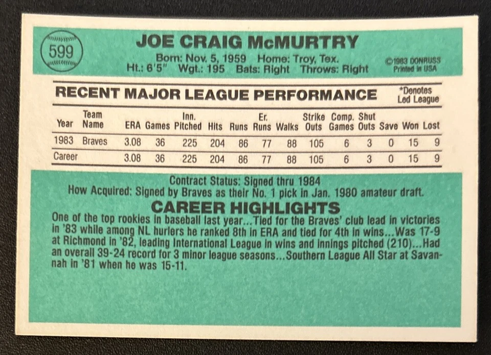 1984 Donruss Craig McMurtry Baseball Rookie Card (RC) #599 Braves Pitcher VG O/C - Image 2 of 2