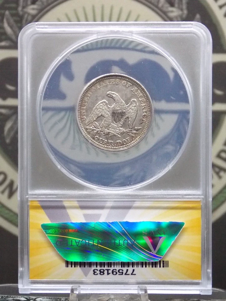 Cuarto libertad sentada 1855 "P" *FLECHAS* 25c ANACS EF45 XF detalle #183 ECC&C Inc Foto 4 de 4