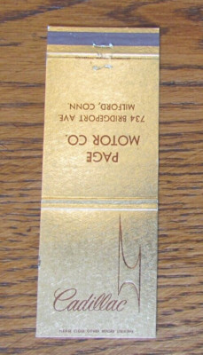 PAGE MOTORS CADILLAC CAR DEALER MATCHBOOK COVER: MILFORD, CT EMPTY MATCHCOVER C3