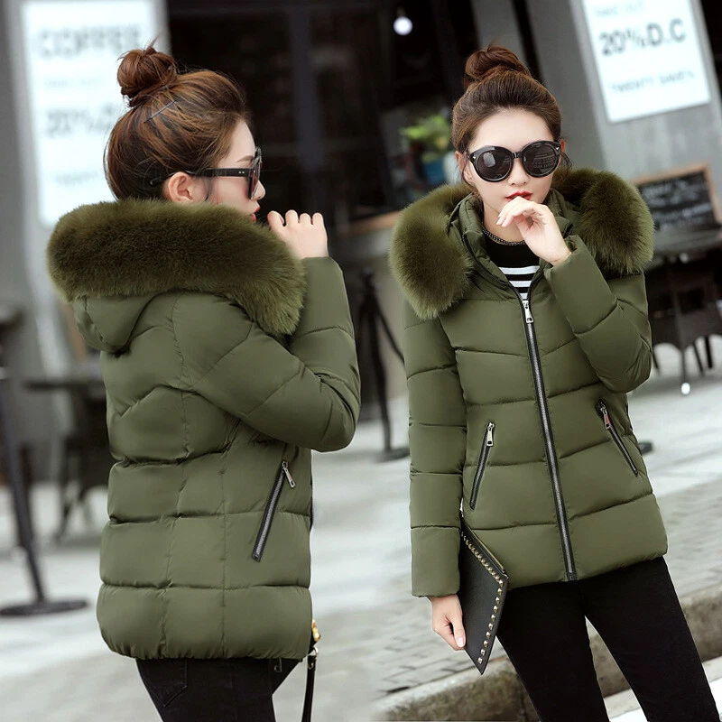 New Winter Women Down Cotton Warm Jacket Slim Short Fur Collar Hooded Coat  Parka