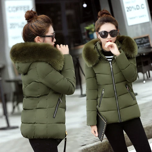 Nuevo Invierno Mujeres Plumón Algodón Cálido Chaqueta Delgada Corto Cuello de Piel Abrigo con Capucha Parka - Imagen 2 de 16