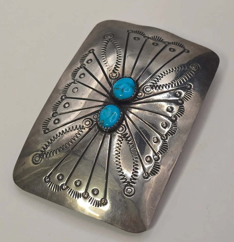 Vintage Gürtelschnalle: Navajo Indianer Schmuck aus 925 Silber mit Türkis 30 Gr. - Bild 3 von 4