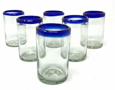 Hand Blown Mexican Drinking Glasses – Set of 6 Juice Glasses with Cobalt Blue...