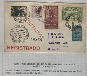 1936 Brazil Graf Zeppelin Condor Postcard cover to Frankfurt Germany