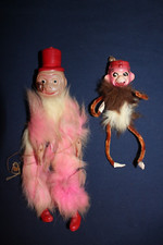 2 Vintage Celluloid Monkey Carnival Prizes Japan - Puppet  Ornament w/ Fur
