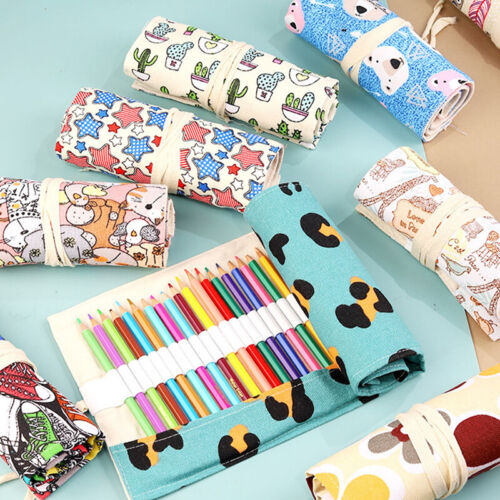 12/36 Holes Roll Colored Pencil Case Kawaii School Canvas Pen Bag For Girls Boys - Picture 1 of 20