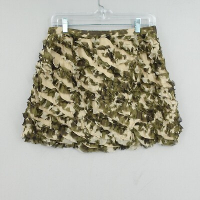 J Crew 100% Silk Camo Ruffle Fringe Mini Skirt Size Beige Green