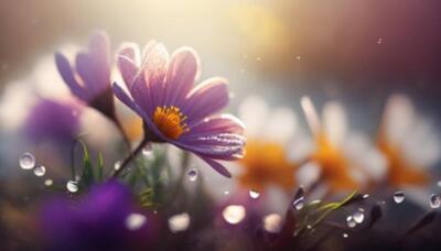 Wandbild: Gartenblumen am Frühlingstag mit verschwommenem Bokeh und [...]