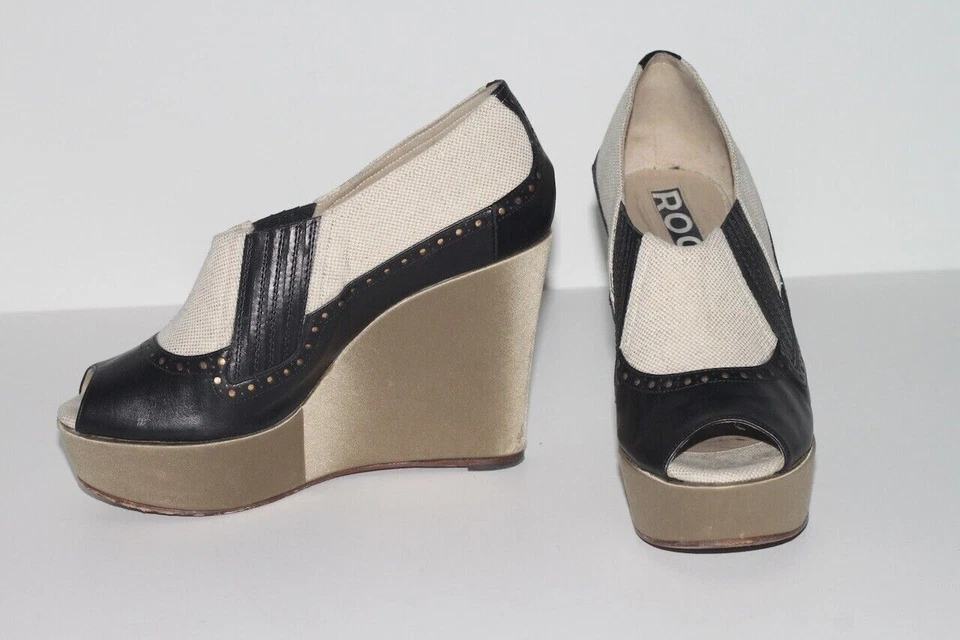 Черные кожаные холщовые туфли-лодочки ROCHAS с открытым носком на платформе на танкетке размер 36,5 - Изображение 2 из 4