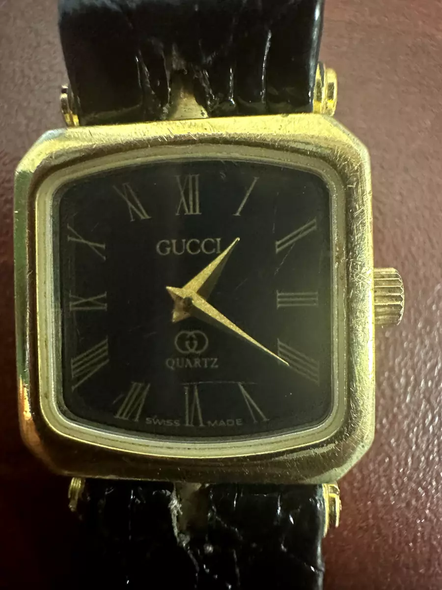 Women s Vintage Gucci Black Gold Square Face Roman Numeral Watch New Battery