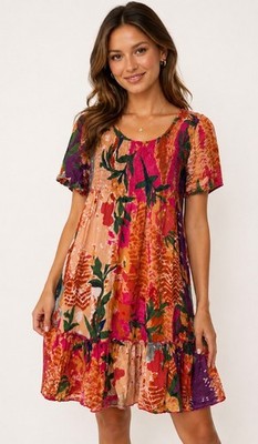 VTG Phool Women s Mini Dress S Floral Vibrant Gem Colors Smocked Vacation
