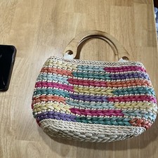 Vintage Multi-colored Woven Straw Handbag With Smooth Wooden Handles