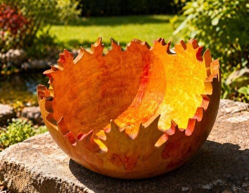 Beautiful VTG Hand Painted and Carved Gourd Leafy Design Bowl Display 👀