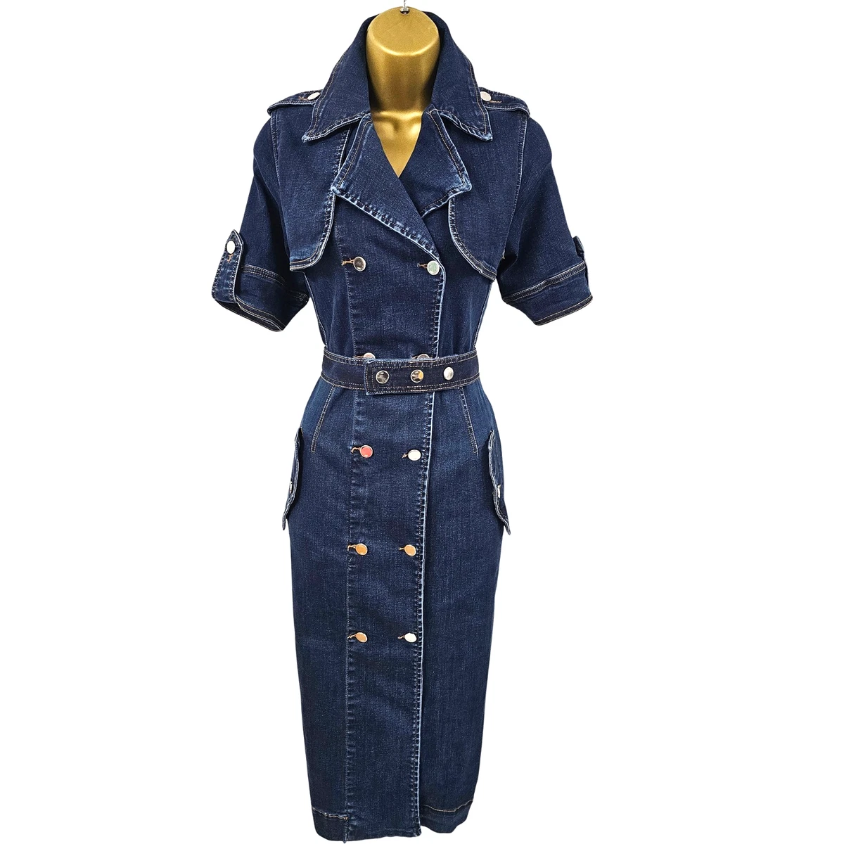 karen millen denim dress Blue Tailored Sleeveless Full Skirted Midi UK 10 offering a sophisticated Karen Millen Stretch Denim Tab