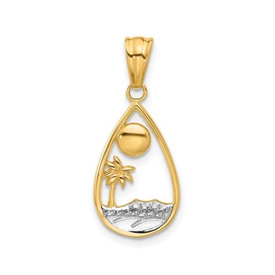 14k Two-Tone Gold Solid Teardrop Palm Tree Sun Waves Pendant Charm