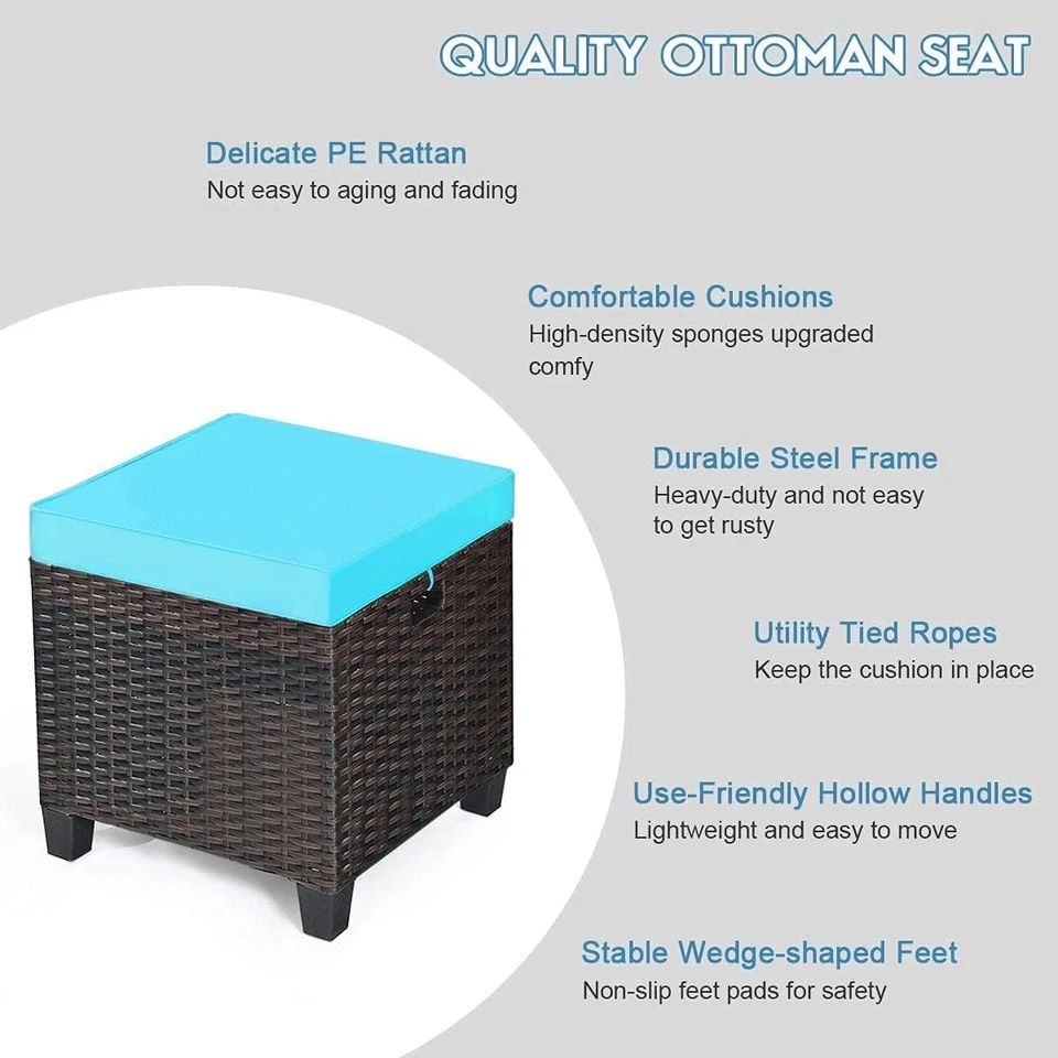 2-Piece Rattan Patio Ottoman, All Weather Wicker Ottoman W/Removable Cushion & S - Image 4 of 4