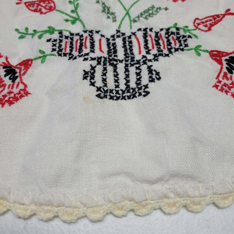 Hand Embroidered Linen Table Runner Red Floral Cross Stitch Crochet Trim - Image 3 of 4
