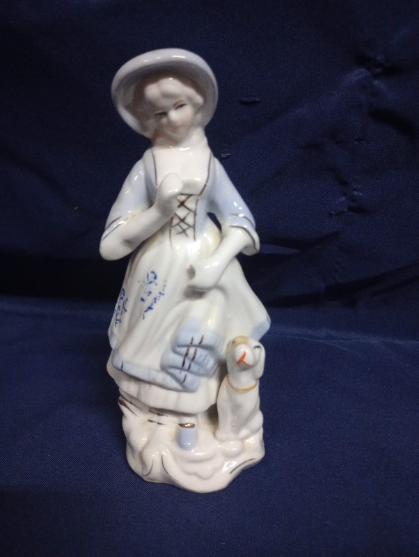 Blue and White Porcelain Doll with Dog Figurine Made In China 