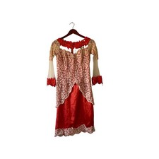 Vintage Style Red Satin Cream Lace Overlay Dress Illusion Neckline Floral Red