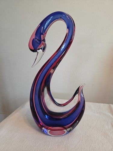 Vintage Murano Glass Swan Figure 14.5" Blue And Pink