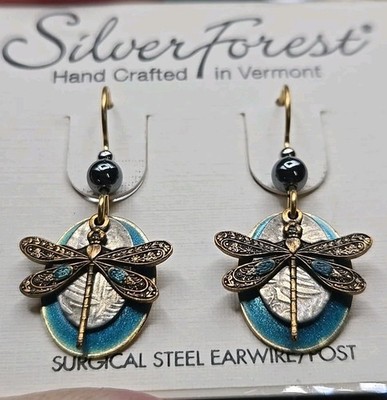 Silver Forest Earrings USA Blue Enamal Gold Tone Layered Dragonfly Teardrop