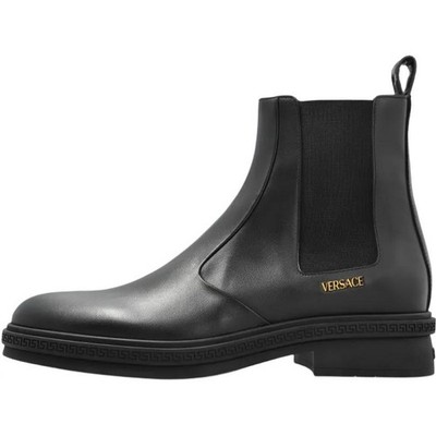 VERSACE Greca Versace Calfskin Short Chelsea Boots Men's Black