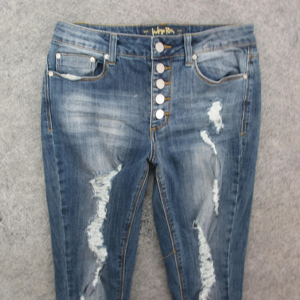 Indigo Rein 牛仔裤女式 7/8 蓝色破洞紧身纽扣门襟 W27 L27 — 第 2/4 张图片