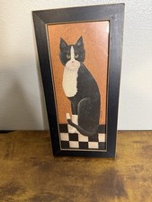 Vintage Cindy Sampson Country Cat Folk Art Framed Print Calico Cat 1999 Black