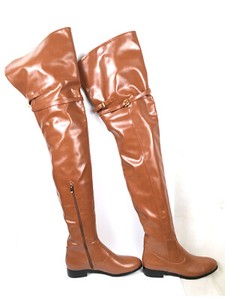 brown flat thigh high boots