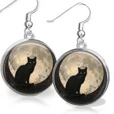 Black Cat Earrings Crescent Moon Watercolor Art Print Sterling Wire Cat Mom Gift