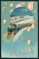Happy New Year Four Leaf Clover Good Luck Dice Dadi Train cartolina TC6285