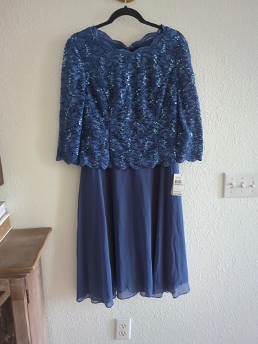 ALEX EVENINGS Womens Tea- Length Dress Sequin Lace Bodice Chiffon Skirt 12P $189 - Picture 2 of 7