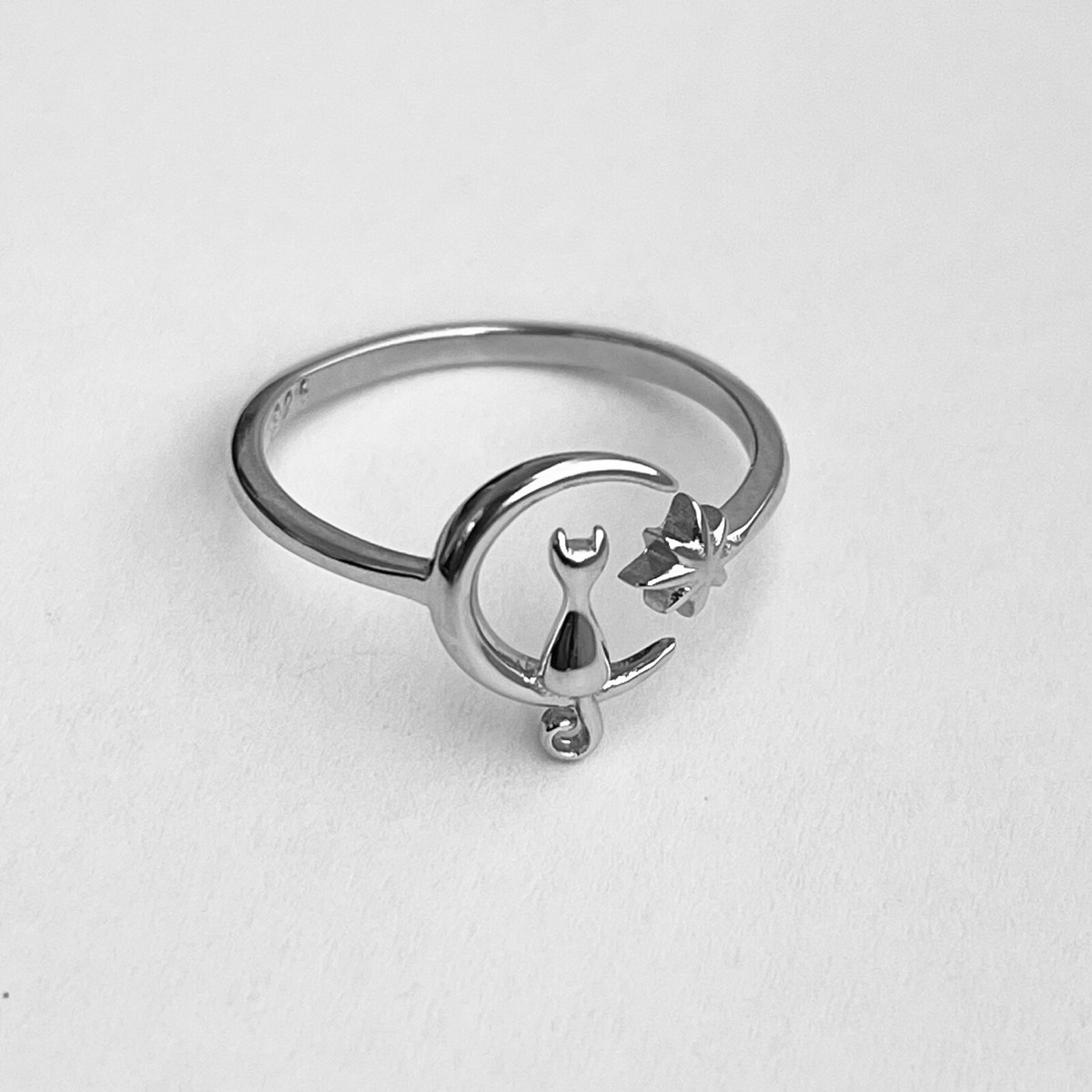 Sterling Silver Dainty Cat on Moon and Twinkle Star Ring, Pet 