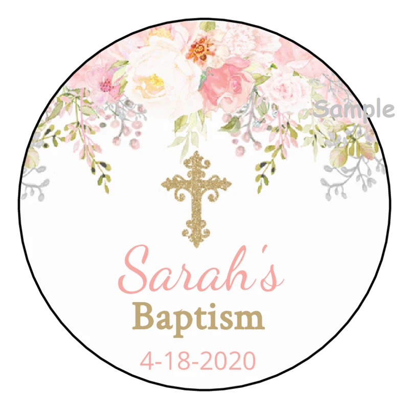 PARTYMOMMY 12 Personalized Baptism Stickers favors labels tags gold cross Communion flowers