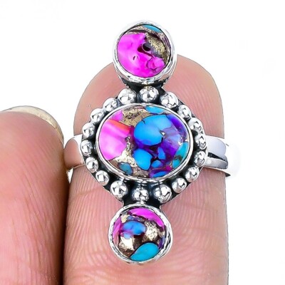 Natural Pink Oyster Turquoise Solid Silver Elegant Artisan Statement Ring US 7
