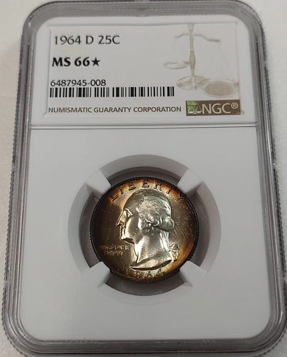 Rainbow TONED 1964-D Washington Quarter 25C NGC MS66 * STAR #6487945-008