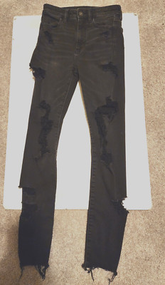 American Eagle Jeans Women' 00 Super Hi Rise Jegging Black Destroyed Next Level