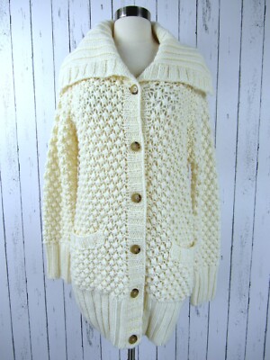 Talbots Ivory Shawl Collar Cardigan Sweater Thick Popcorn Knit