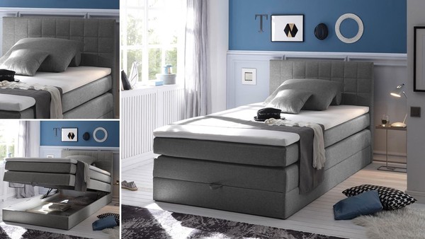 Boxspringbett 120X200 Schlafzimmerbett Hawaii Bettkasten Topper Stoff Grau-image