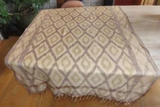 Oblong abstract scarf; woven; beige taupe sage; fringe; silver metallic; 60x36