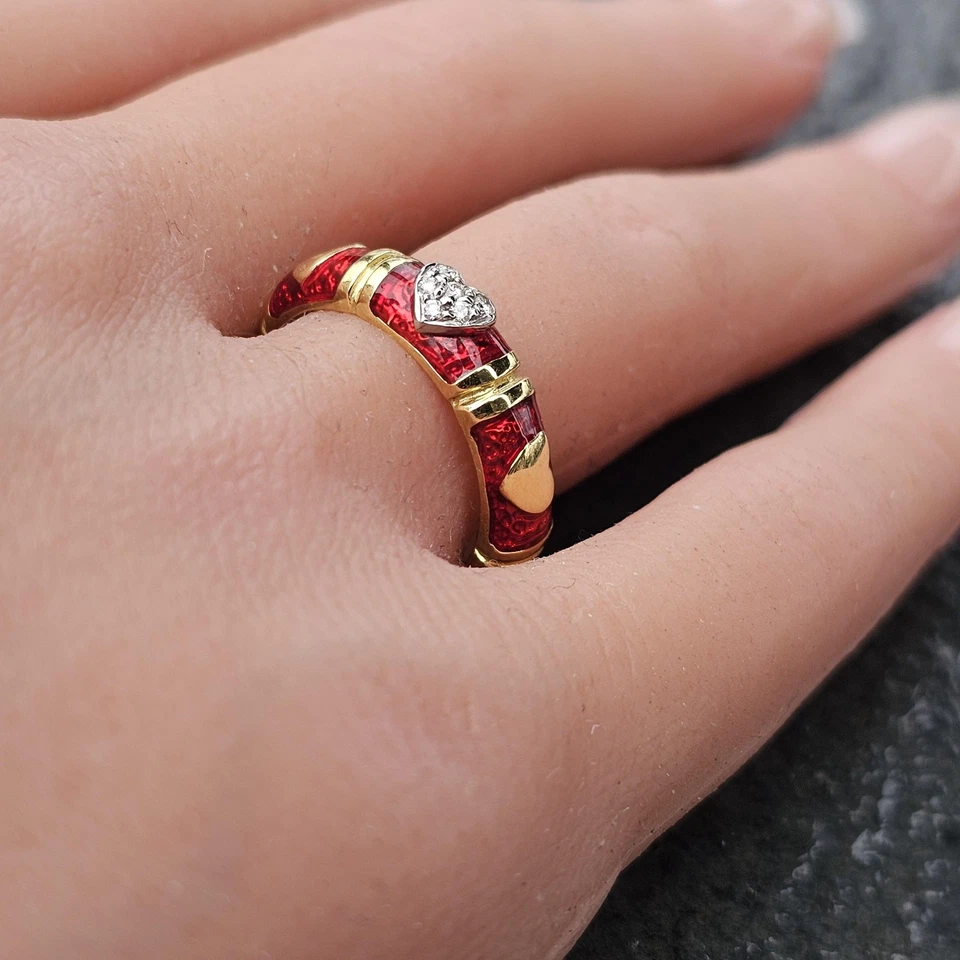Hidalgo Diamond Heart Eternity Band Ring Red Enamel 18k Yellow White 6.7g sz 7 - Image 2 of 4