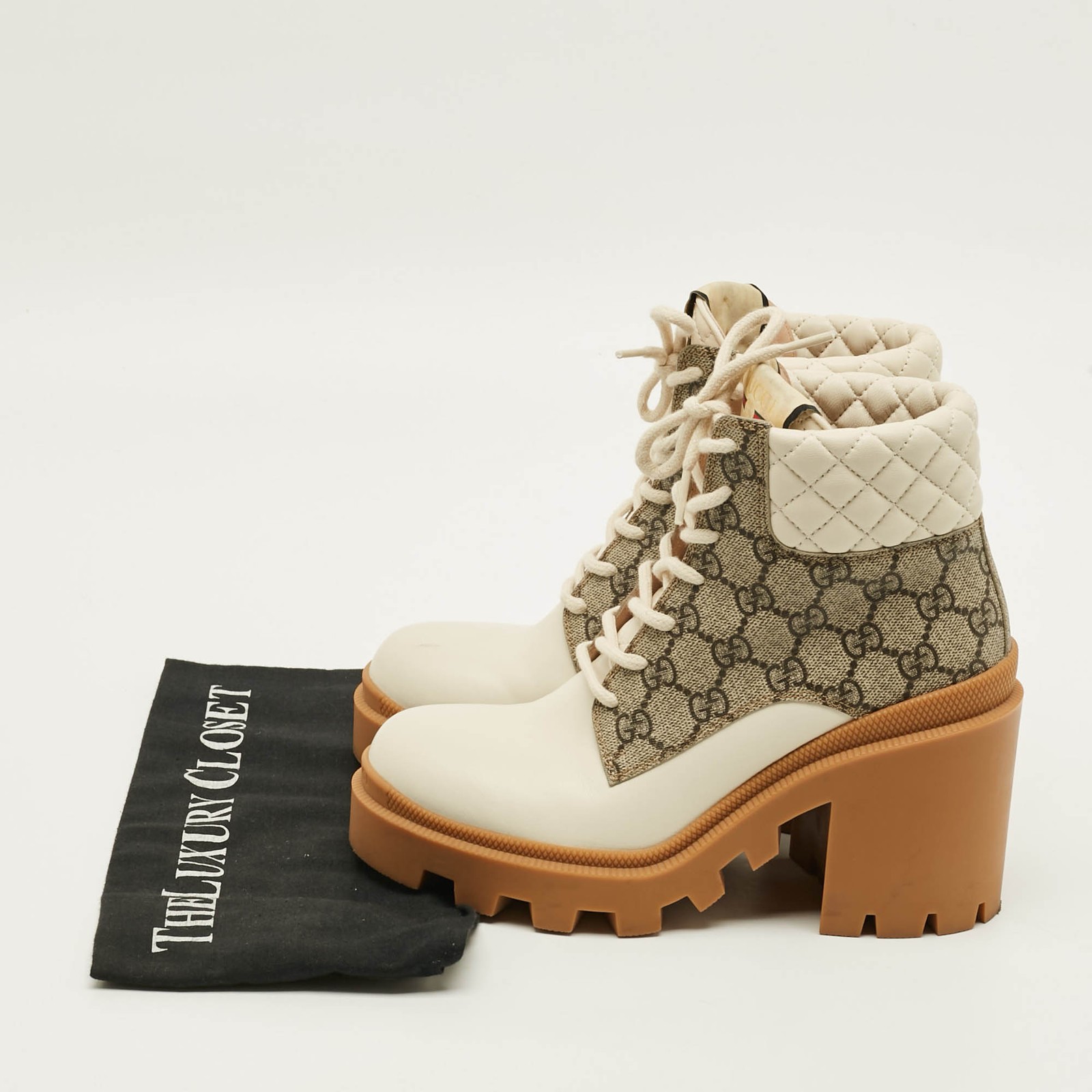 Gucci Size 37 CreamBrown Canvas and Leather Ankle Length Boots thumbnail 9