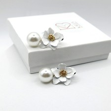 Wedding White Flower Pearl Drop Earrings, Bridal or Bridesmaid Large Ear Studs
