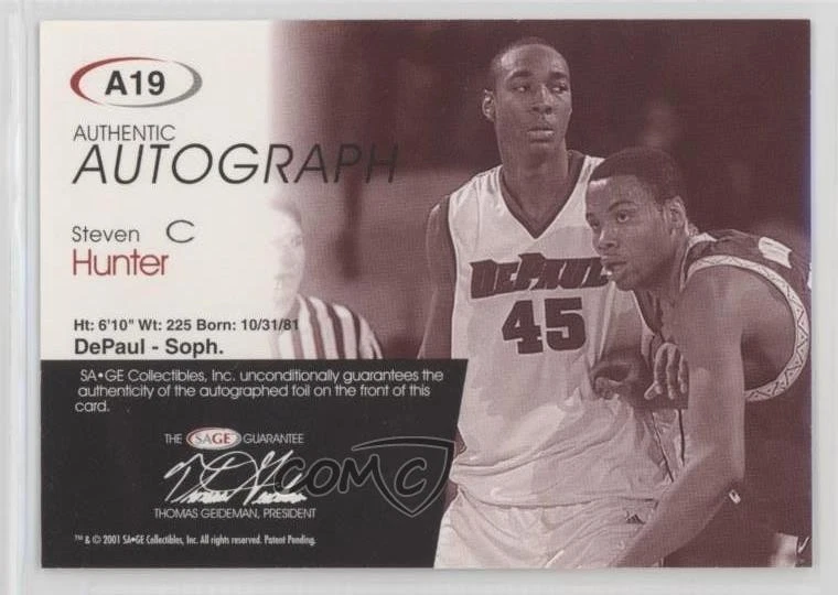 2001 Sage Auto Silver /160 Steven Hunter #A19 Rookie Auto RC - Image 2 of 2