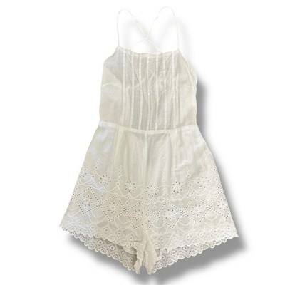 MINKPINK White Eyelet Embroidered Romper XS Boho Romantic Lace Scallop Hem